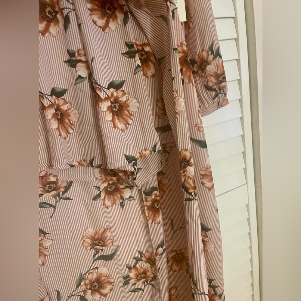 NWT Peach Pinstriped floral plunge 2-in1 Maxi Dress Romper Large Cottagecore - Picture 10 of 10